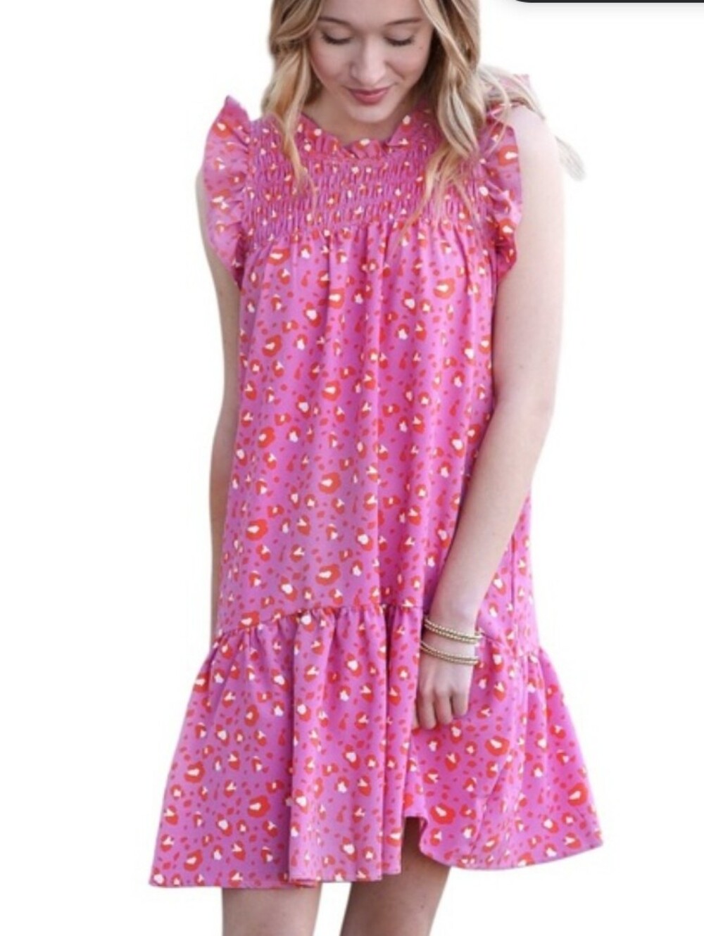 Michelle McDowell Pink Heart Print Ruffle Dress